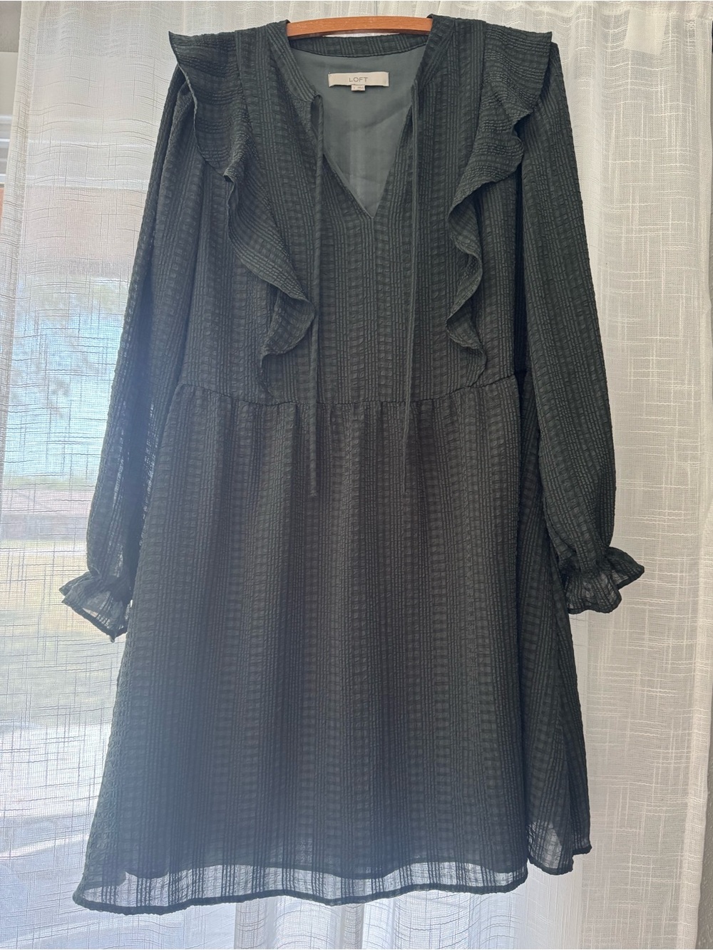 LOFT Black Ruffle V-Neck Long Sleeve Dress